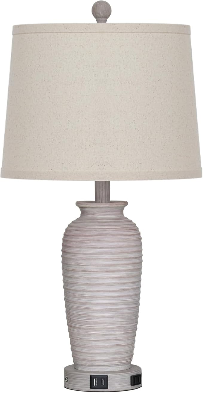 25" Vintage Farmhouse Jar Table Lamps, Single Rustic Bedside Lamp with USB A+C Ports & AC Outlet, Nightstand Lamps for Living Room, Bedroom, End Table, Grey White(LED Bulb Included)