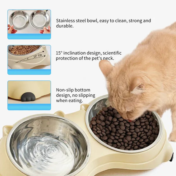 Anti Slip Base Double Cat Food Bowl, White Stainless Steel Food And Water Bowl, Easy To Clean And Detachable Design, Cat And Dog Pet Feeder