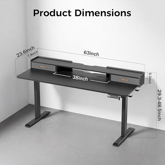 Electric Standing Desk with Drawers, 63 Inch Height Adjustable Desk with Power