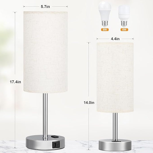 17.4Inch Bedside Touch Table Lamps for Bedroom Nightstand with USB-C USB-A Charging Ports White - 3 Way Dimmable Control Small Lamp Fabric Shade Silver Base for Office, Dorm Room, Living Room, Reading