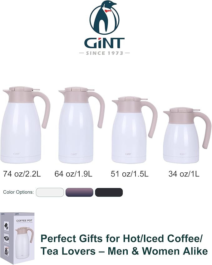 GiNT 1L / 34Oz Thermal Coffee Carafe, Insulated Stainless Steel Coffee Carafes