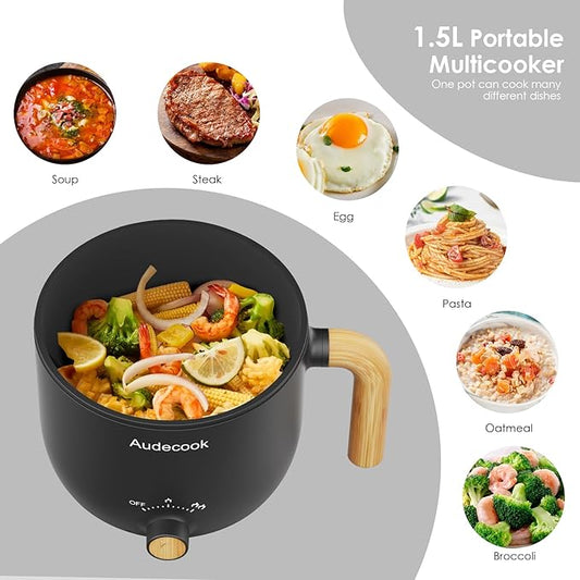 Audecook Hot Pot Electric, 1.5L Rapid Noodles Cooker, Portable Nonstick Mini