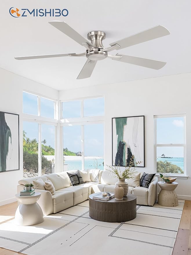ZMISHIBO 52 Inch Ceiling Fan No Light, Flush Mount Low Profile, Modern Nickel