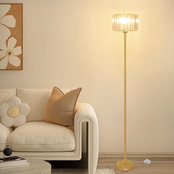HMVPL Gold Floor Lamp for Living Room, Modern Floor Lamp with K9 Crystal Shade, Brass Standing Lamp with On/Off Switch,Mid Century Tall Lamp Crystal Pole Lamp for Bedroom Corner Office Nursery Reading