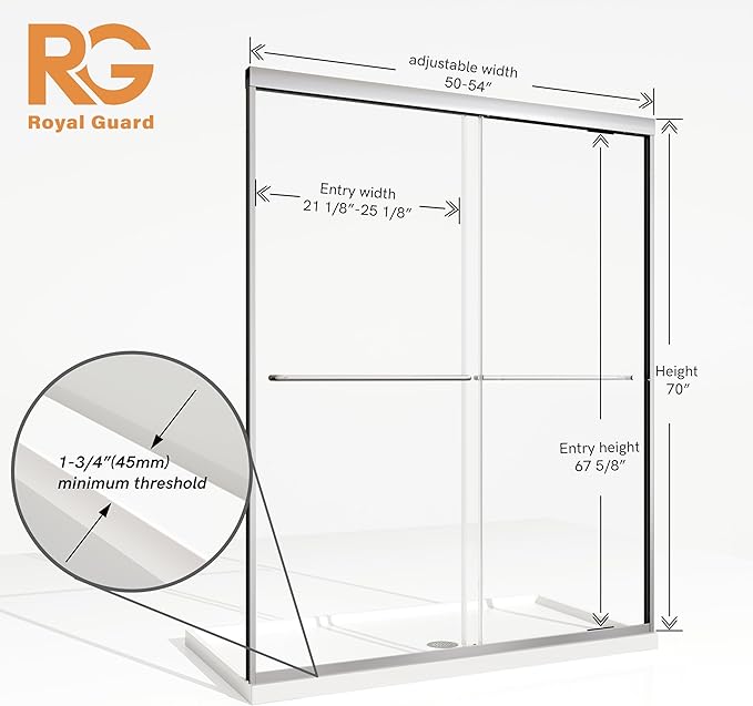 Sliding Shower Door, Royal Guard 50-54" W x 70" H Semi-Frameless Double Sliding