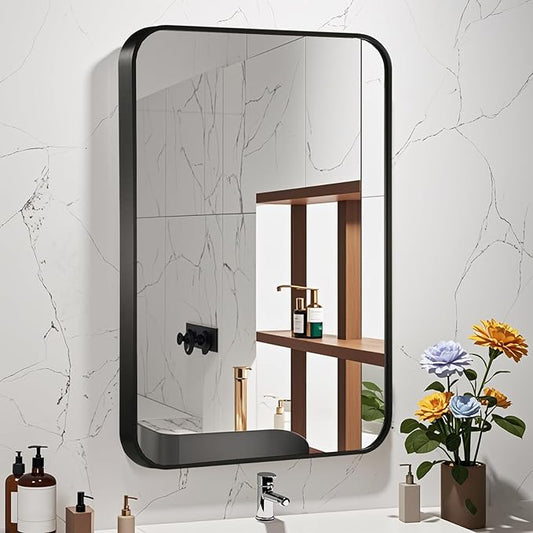 22x30 Inch Black Wall Mirror for Bathroom, Brushed Metal Framed Mirror