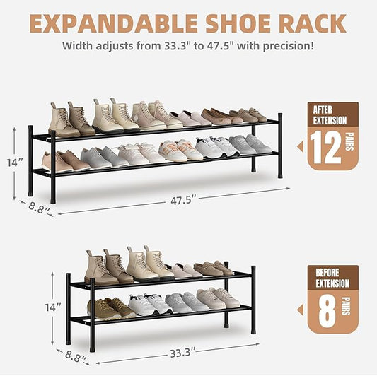 STORAGE MANIAC Long Expandable Shoe Rack, 12 Pairs Metal Wide Stackable Shoe