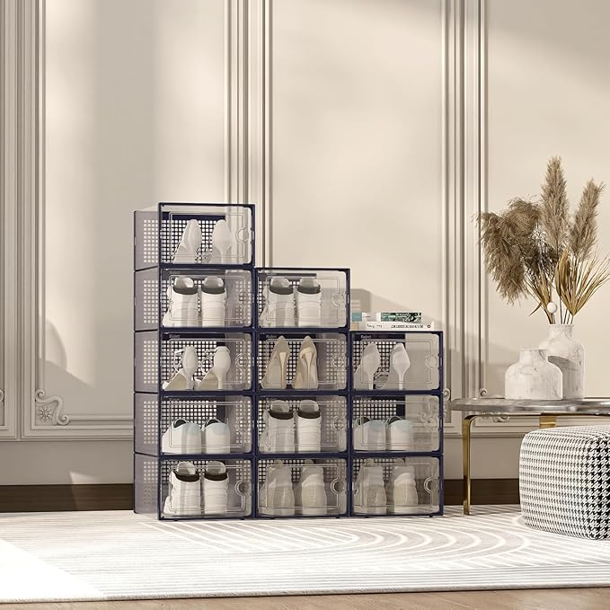 Kuject X-Large Shoe Storage Boxes Organizers Clear Plastic Stackable 12 Pack