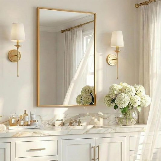 24''x36'' Gold Bathroom Mirror | Antique Brass Deep-Set Recessed Metal Frame |