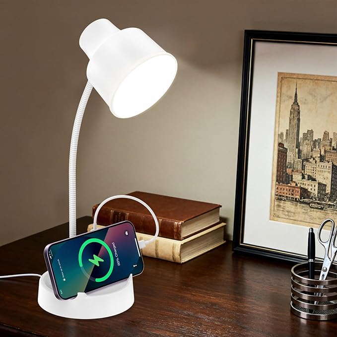 Energetic LED Desk Lamp with Phone Holder, Table Lamp with AC Outlet, Adjustable Flexible Gooseneck, 4000K, Eye-Care Reading Light for Bedroom, Study, Computer Desk, Living Room, Home Office, White
