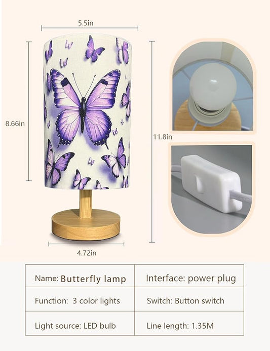 Butterfly Lamp, Butterfly Lamps for Girls Bedroom,3 Color Night Light Wood Nightstand Desk Base Flaxen Fabric Shade for Bedroom Living Room, Butterflys Lovers Gifts, LED Bulb Included(purple lamp)