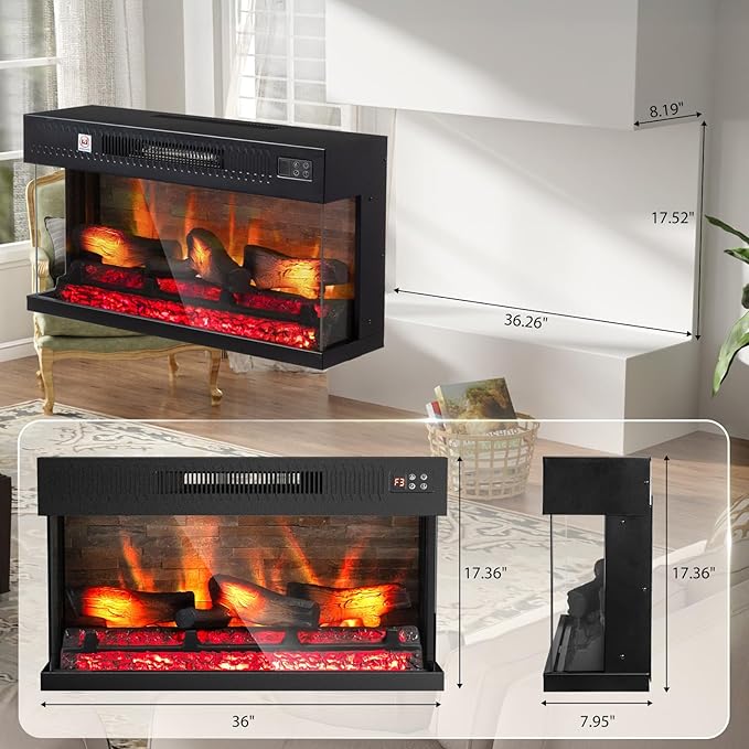 ROVSUN 1400W 3-Sided Glass Electric Fireplace Insert w/Remote Control, CSA