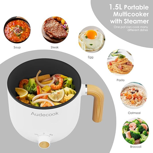 Audecook Hot Pot Electric with Steamer, 1.5L Portable Nonstick Rapid Noodles
