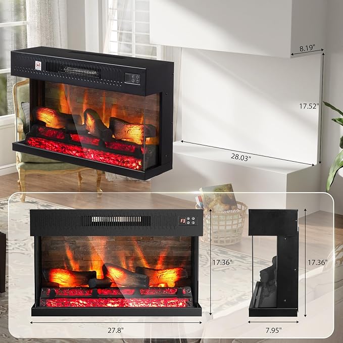 ROVSUN 1400W 3-Sided Glass Electric Fireplace Insert w/Remote Control, CSA