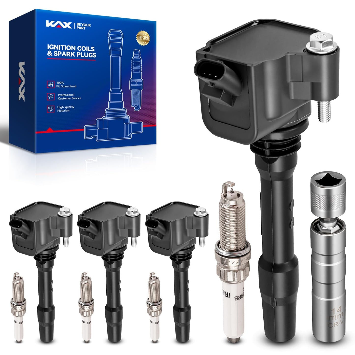 KAX OEM Performance Set of 4 UF750 Ignition Coil Pack & Iridium Spark Plugs w/Magnetic Socket for 330e 330i 530i 430i X1 740Le 2