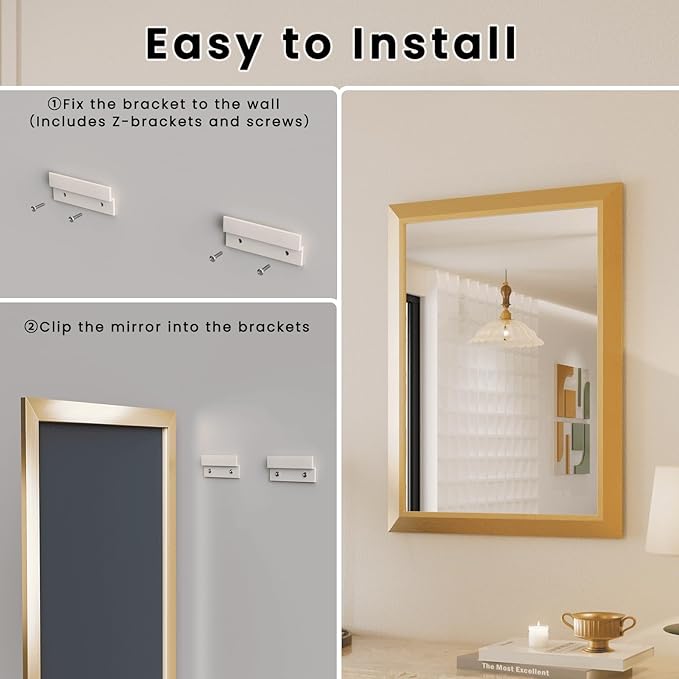 Amorho Bathroom Mirror, 24x36 Inch Golden Thick Metal Framed Wall Mirrors