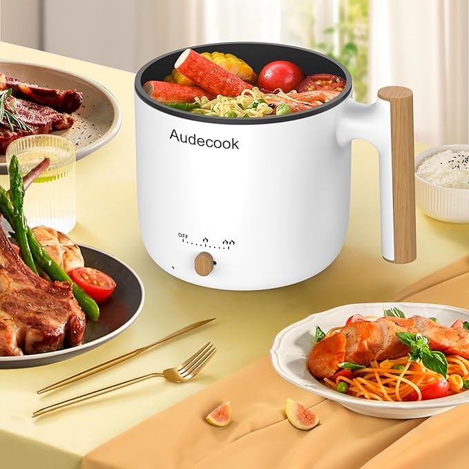 Audecook Hot Pot Electric with Steamer, 1.8L Portable Mini Travel Cooker