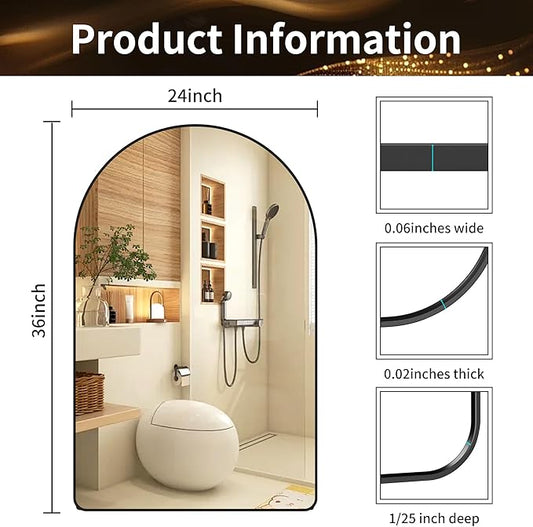 24x36 Inch Premium Black Arched Tempered Glass Mirror Shatter Resistant No
