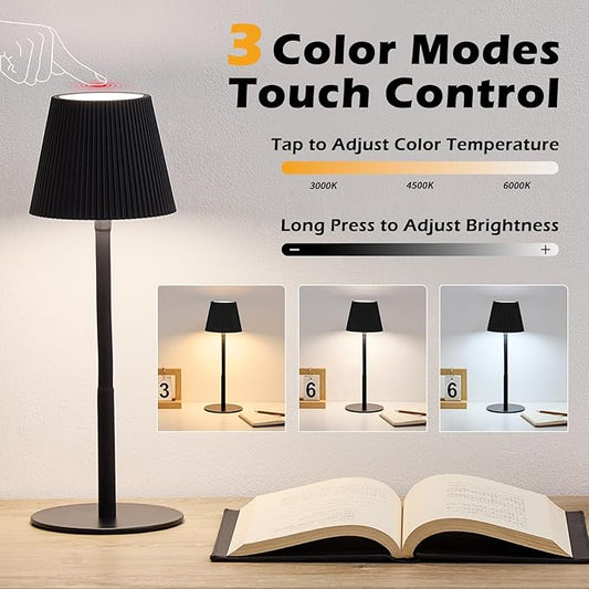 Cordless Table Lamp DIY, 2500mAh Rechargeable & Flexible Desk Lamp, Stepless Dimming Modern Bedside Lamps with 3-Color LED Touch Control, Minimalist Nightstand Lamps for Decor & Gifts (Black)