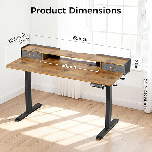 Electric Standing Desk with Drawers, 55 Inch Height Adjustable Desk with Power