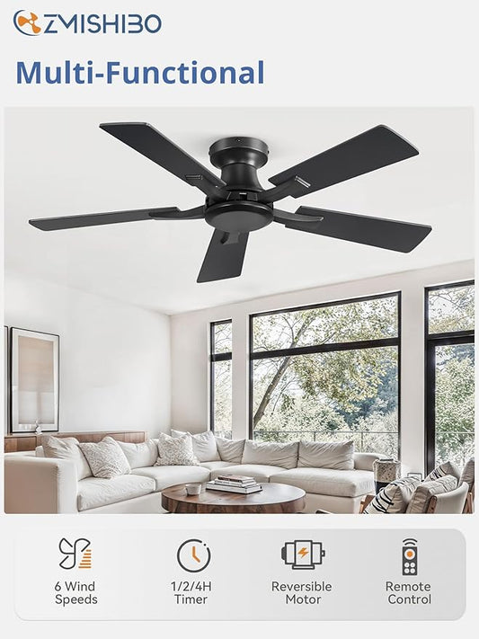 ZMISHIBO 42 Inch Ceiling Fan No Light, Flush Mount Low Profile, Modern Black