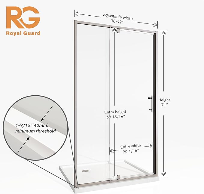 38-42" W x 71" H Pivot Swing Glass Shower Door, Pivot Frame Shower Door