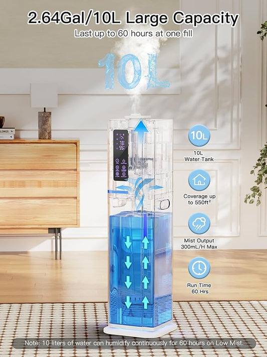 Zeova 10L/2.64Gal Humidifiers for Bedroom, Top Fill Quiet Ultrasonic Cool Mist