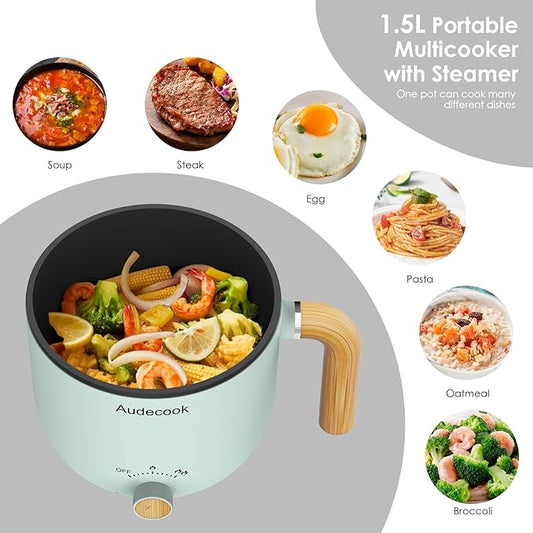 Audecook Hot Pot Electric with Steamer, 1.5L Portable Nonstick Mini Multicooker
