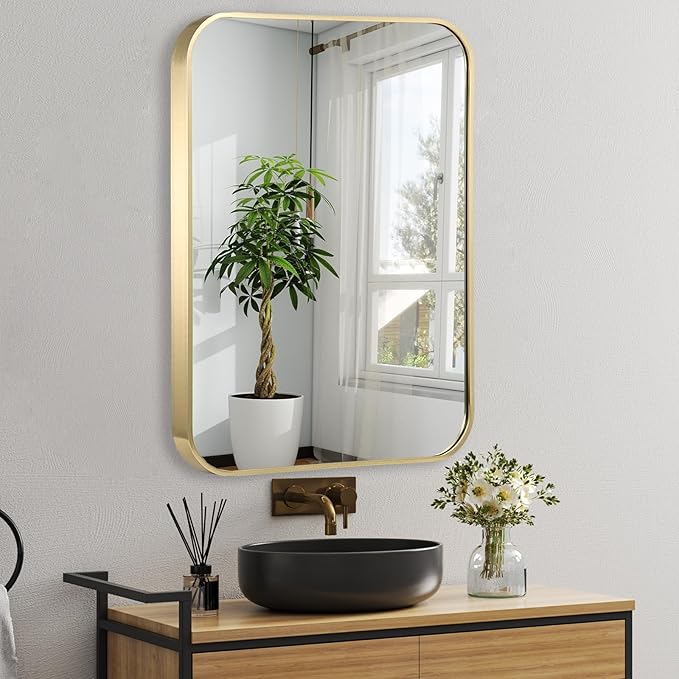 22x30 Inch Gold Bathroom Mirror, Brushed Gold Metal Framed Rectangular Mirror