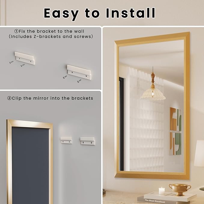 Amorho Bathroom Mirror, 60x36 Inch Golden Thick Metal Framed Wall Mirrors