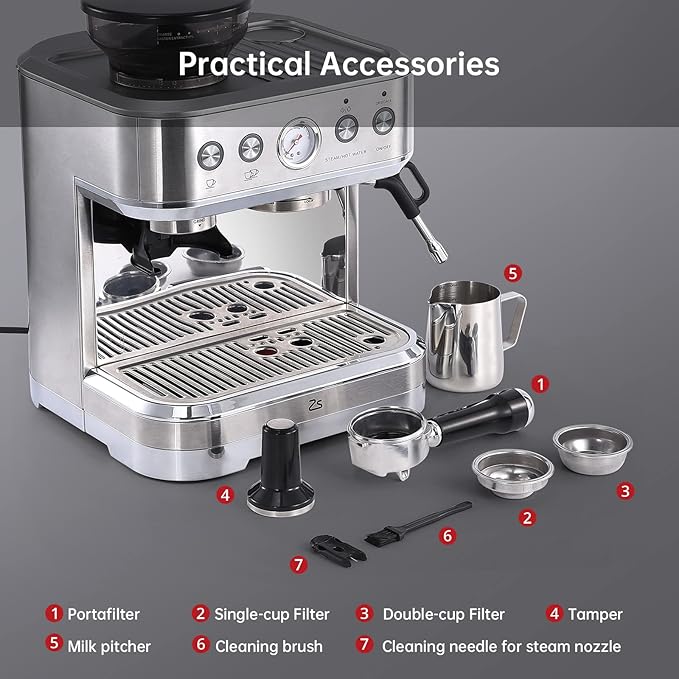 IDEALHOUSE Espresso Machine 3-in-1, Built-in Grinder and Milk Frother,