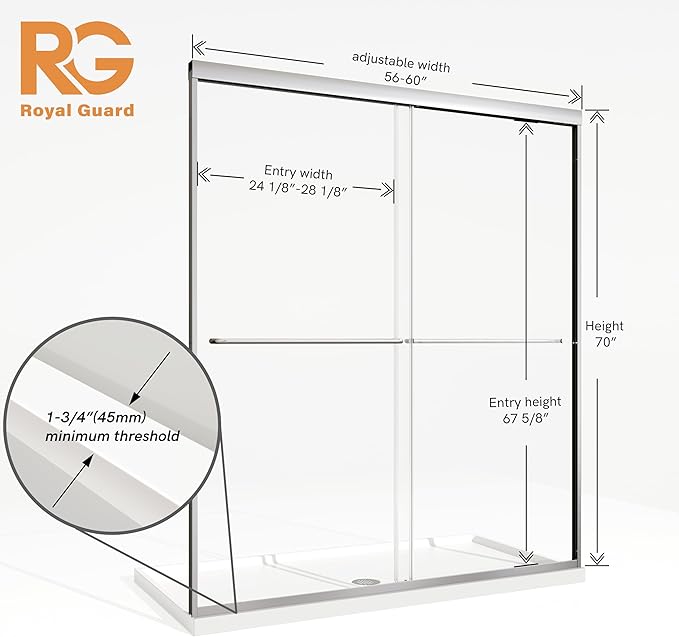 Sliding Shower Door, Royal Guard 56-60" W x 70" H Semi-Frameless Double Sliding