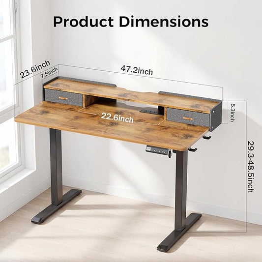 Electric Standing Desk with Drawers, 48 Inch Height Adjustable Desk with Power