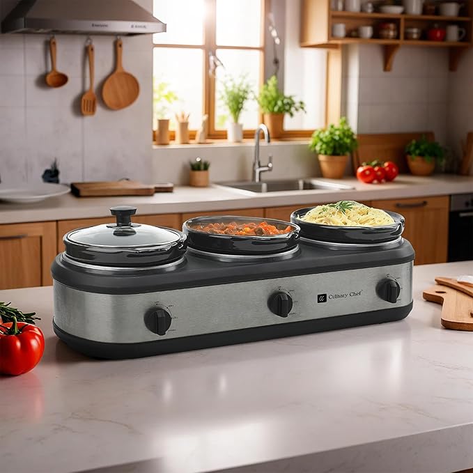 CULINARY CHEF, Triple Slow Cooker, Buffet Server 3 Pot, Food Warmer