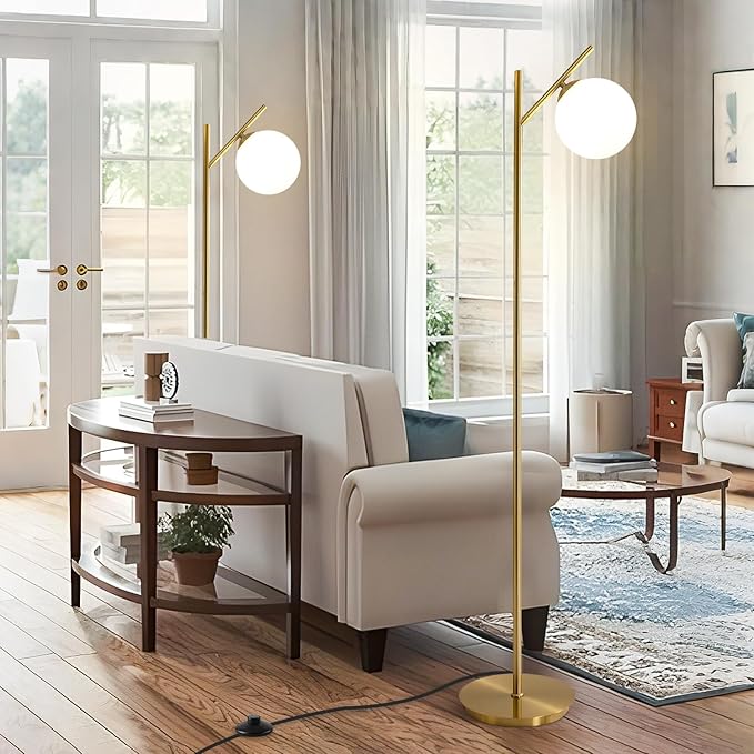 Mid Century Floor Lamp for Living Room Modern Tall Standing Lamp with Frosted Glass Globe Shades Contemporary Brass Freestanding Lamp for Office Bedroom (Gold)