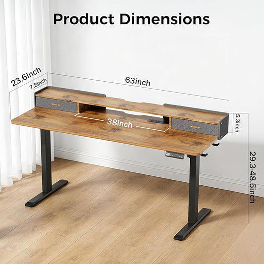 Electric Standing Desk with Drawers, 63 Inch Height Adjustable Desk with Power