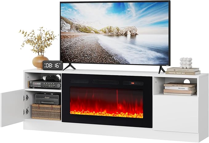 Fireplace TV Stand with Two Hinged Doors
