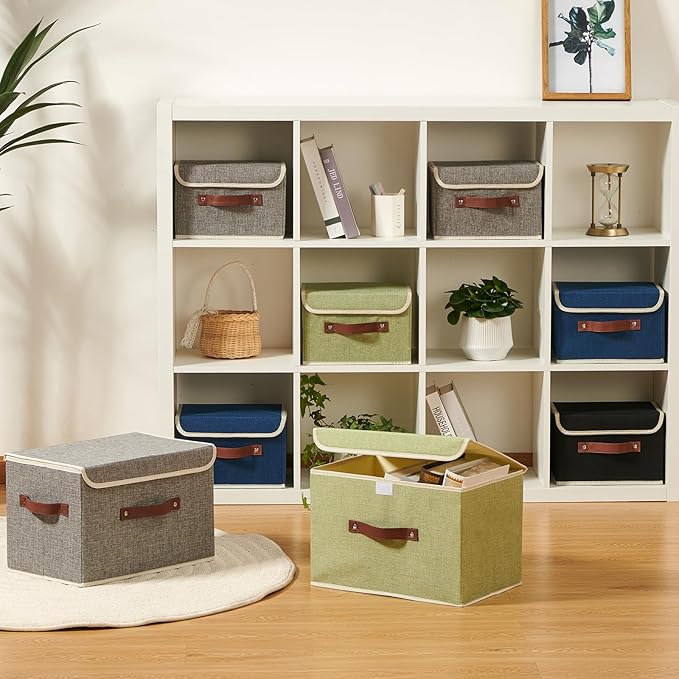 2PCS Storage Boxes with Lid Cotton Linen Fabric Storage Bins Organizer Container Decorative Collapsible Washable Shelf Closet Baskets Faux Leather Handles Home Bedroom (Green, Large Size)
