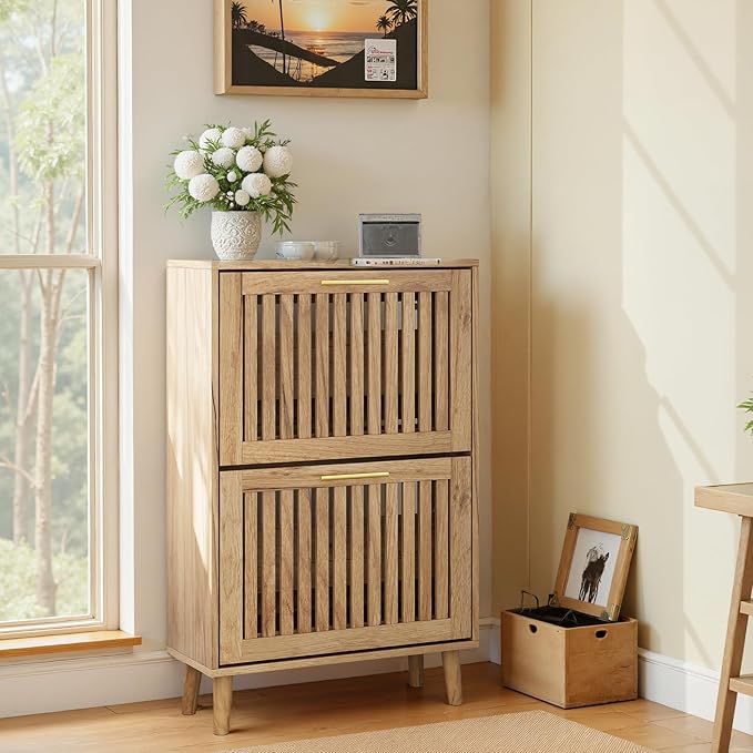 Shoe Cabinet with 2 Flip Slatted Drawers, Farmhouse Slim Shoe Organizer Rack