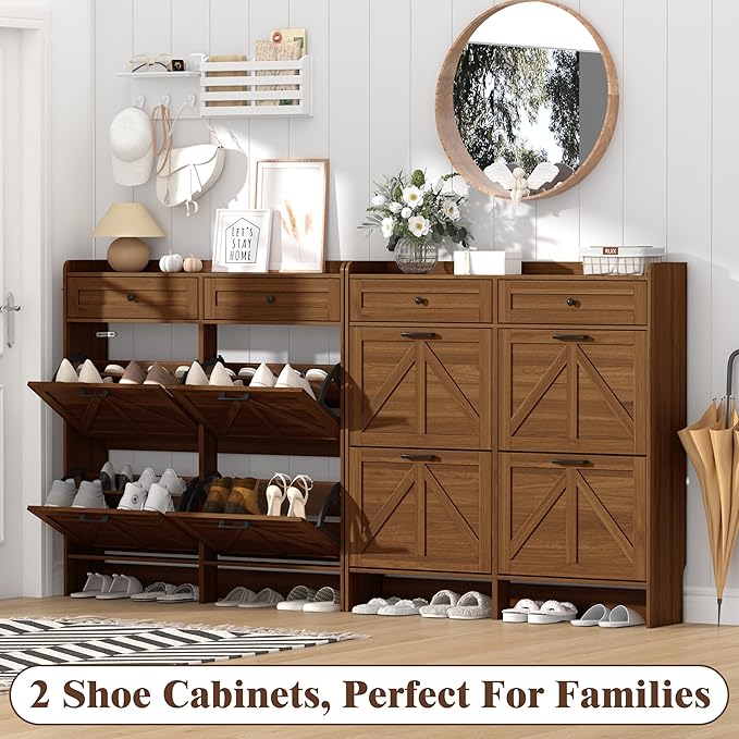 Shoe Cabinet with 4 Flip Drawers & 2 Storage Drawers, Rustic Farmhouse Narrow