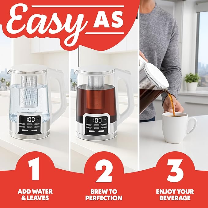 Gourmia Electric Programmable Glass Kettle – 1.7L Temperature Control Tea &