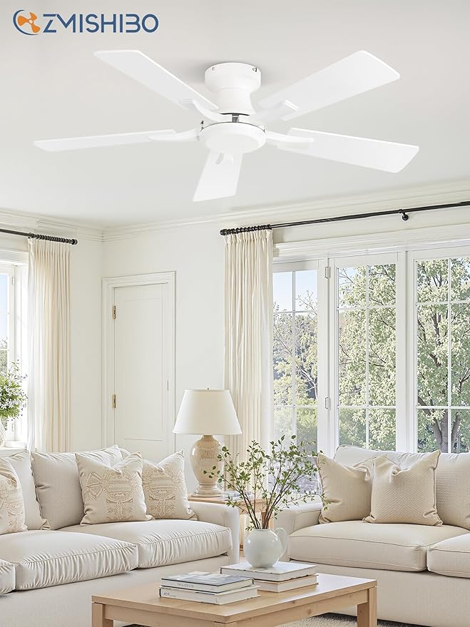 ZMISHIBO 42 Inch Ceiling Fan No Light, Flush Mount Low Profile, Modern White