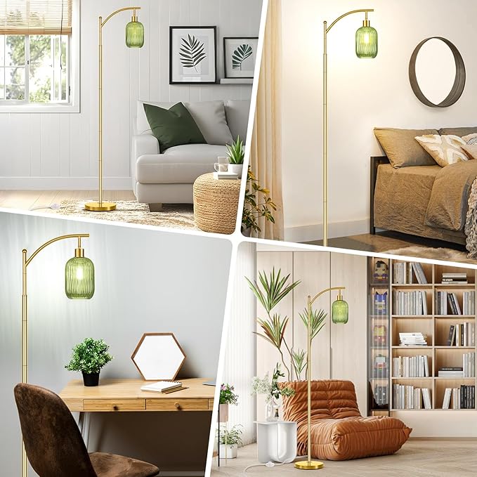 Glass Floor Lamp for Living Room, Modern Green Standing Lamp with Ribbed Glass Lampshade Pedal Switch, 67” Tall Lamp for Bedroom Study Room