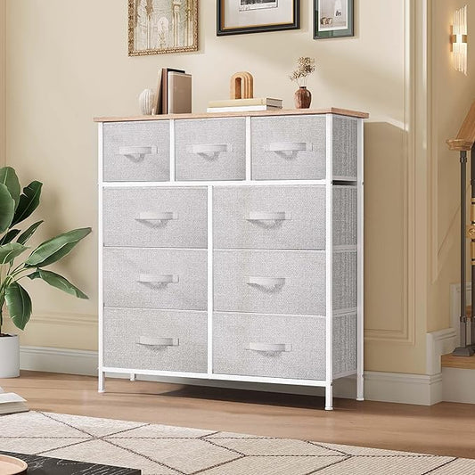 DWVO 9 Drawer Dresser, Light Gray Fabric Storage Tower, Tall Organizer Unit