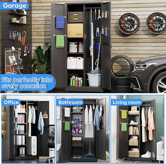 SUXXAN Broom Closet Storage Cabinet 71.4"x 31.5"x15.7", Metal Cleaning Cabinets
