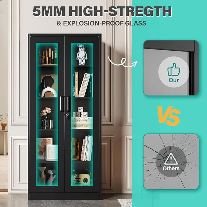 Metal Storage Cabinet with Lock and Glass Doors, Glass Display Cabinet