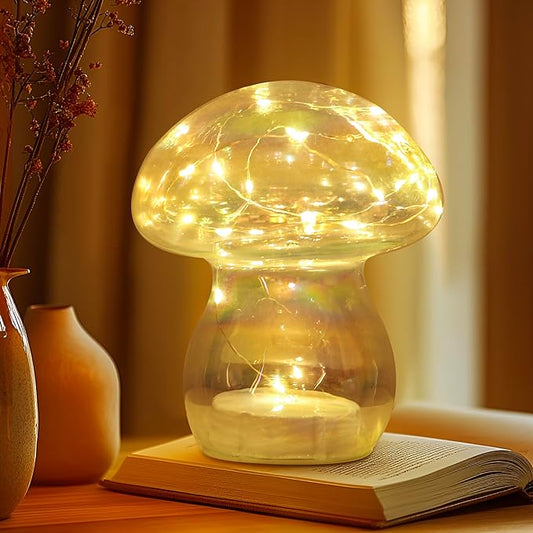 Glass Mushroom Table Lamp, 5.9" Cute LED Night Light for Home Decor, Battery Operated (3 AA), Modern Ambient Light for Living Room Bedroom Office Clear