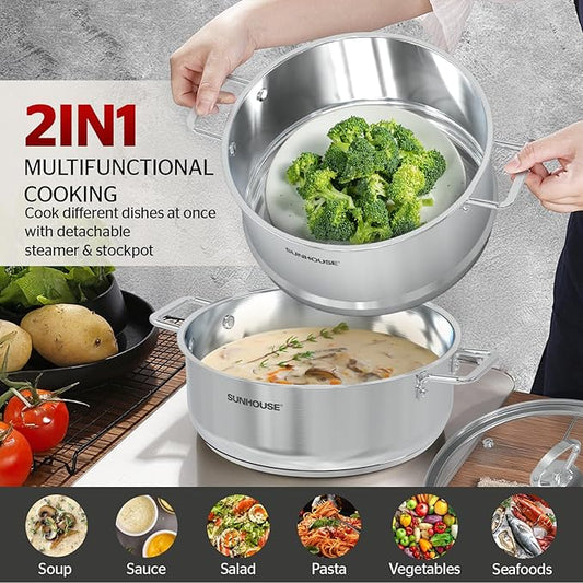 SUNHOUSE 2-Tier Stainless Steel Steamer Pot