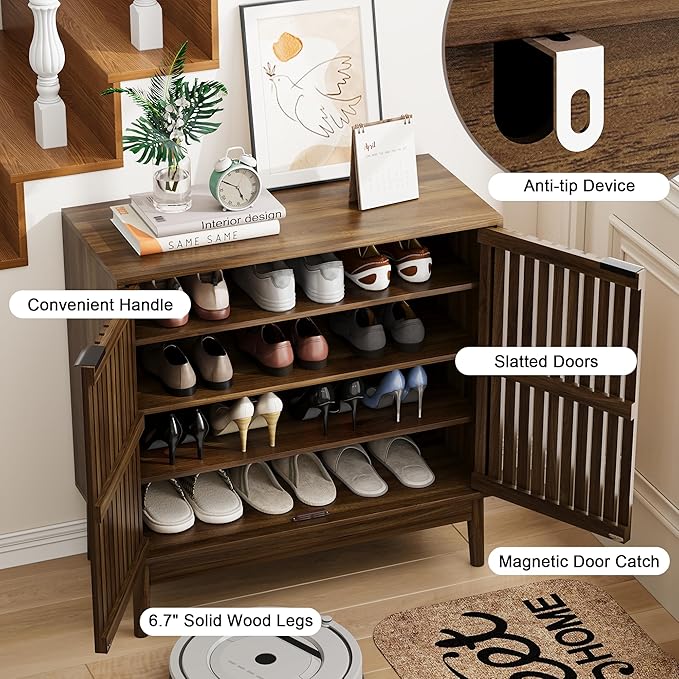 Shoe Cabinet with Slatted Doors, 4-Tier Freestanding Shoe Cabinet Storage