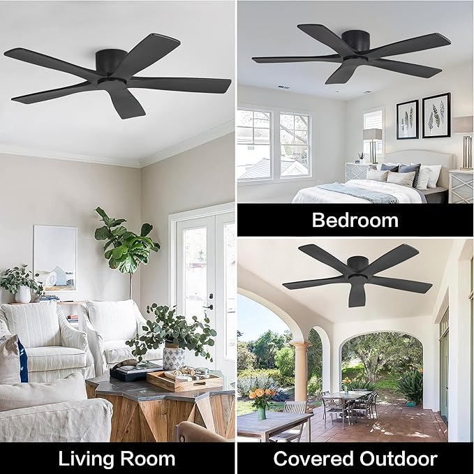WINGBO 54" Flush Mount DC Ceiling Fans Without Lights, 5 Carved Solid Wood